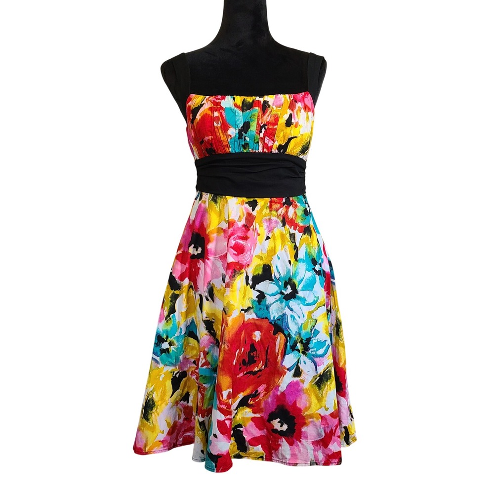 VTG Y2K B. Smart Floral Babydoll Fit Flare Dress Womens 10 Multi Tie Back Sash